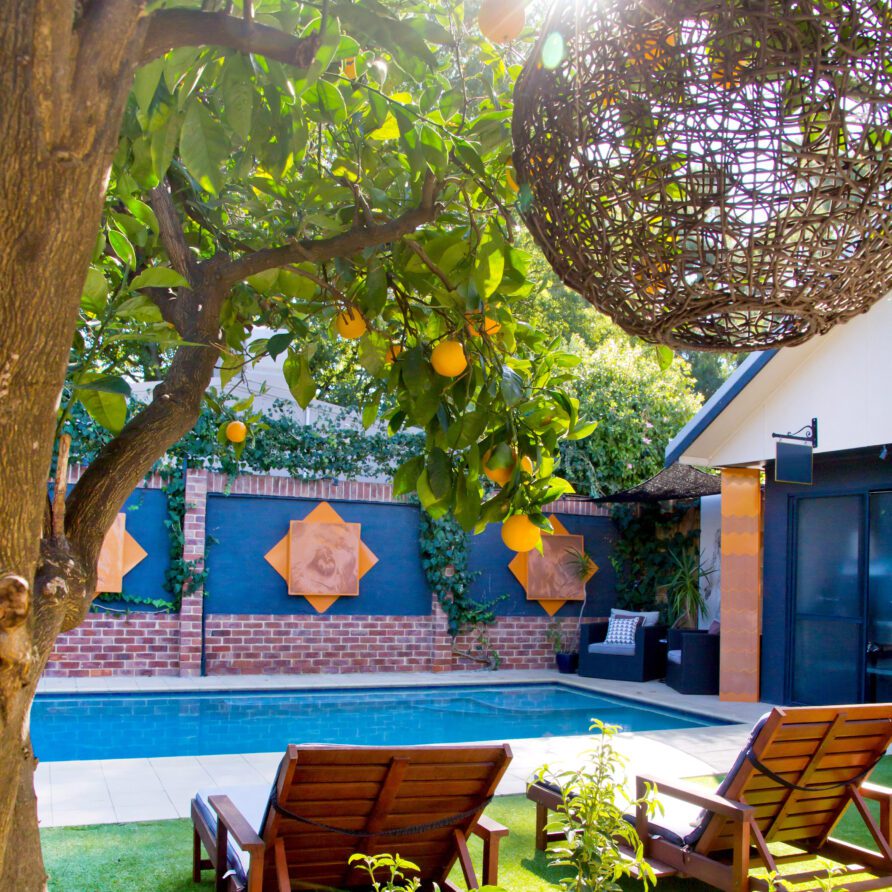 Pool view showing sun lounges under orange tree