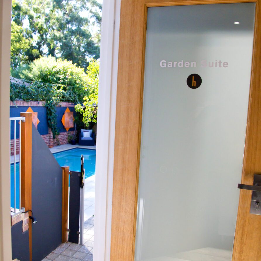 View of pool through Garden Suite door
